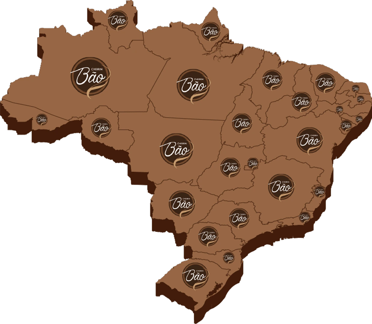 Mapa com unidades Cheirin Bao mostrando a presença em várias cidades e estados do Brasil